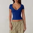 thumbnail image 2 of Women's V Neck Short Sleeve Tops With Built-in Seamed Cup And Double Lined Featuring Fitted Cropped Cut Blue XL, 2 of 7