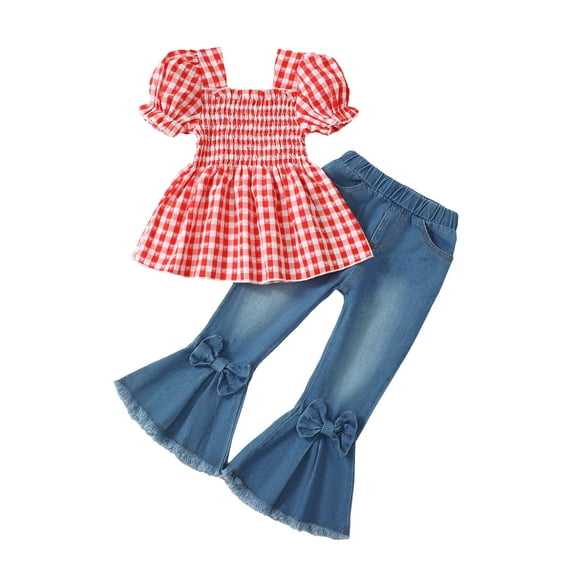 Kucnuzki 5T Toddler Girls Summer Outfits 6T Child Kids Puff Short Sleeves Plaid Top Bows Flared Denim Pants Jeans 2pcs Clothing Red 5-6 Years