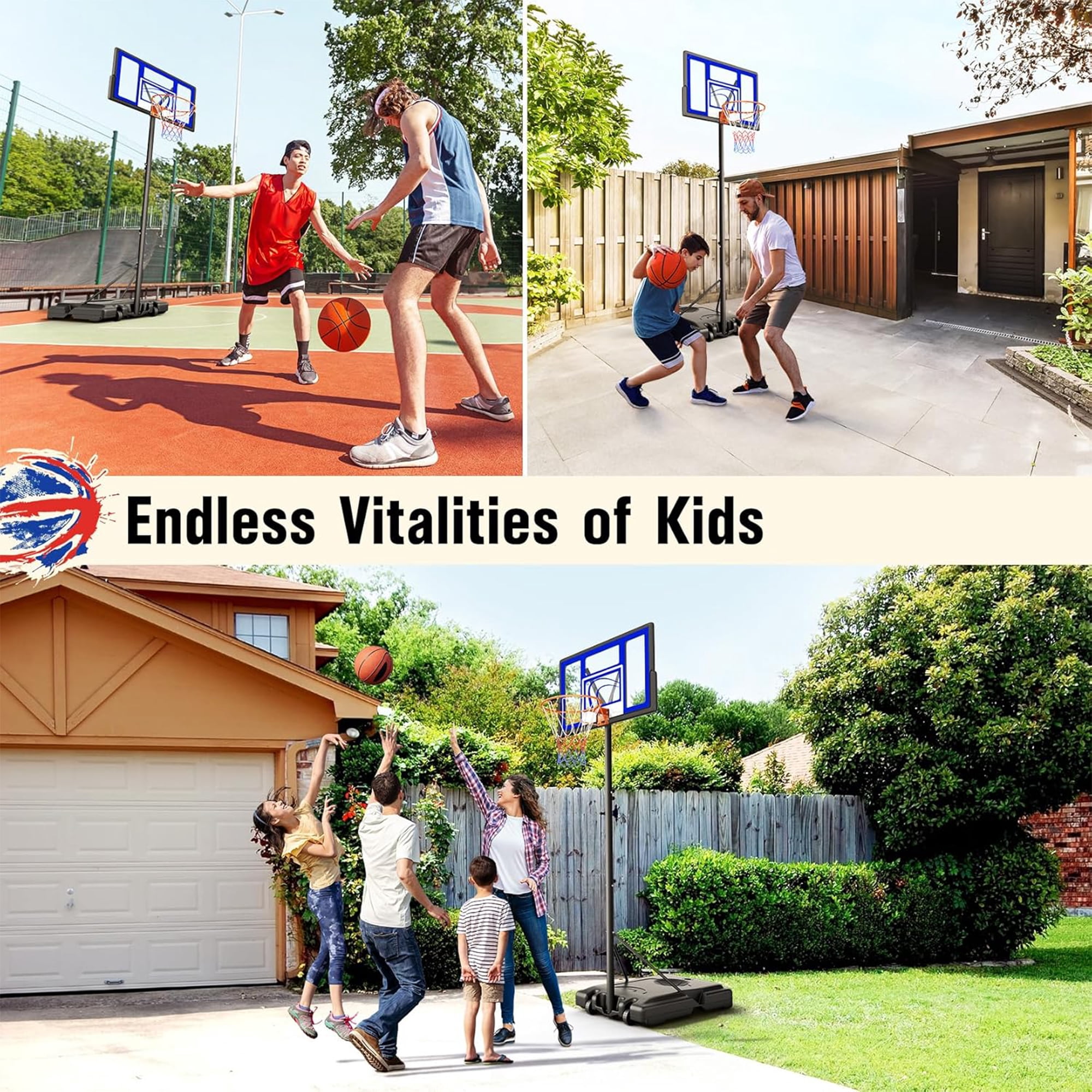 Toremore 44" Basketball Hoop Outdoor 4.43-10ft Adjustable, Portable Basketball Hoop Goal System with Shatterproof Backboard and Larger Base for Kids Youth and Adults, Blue