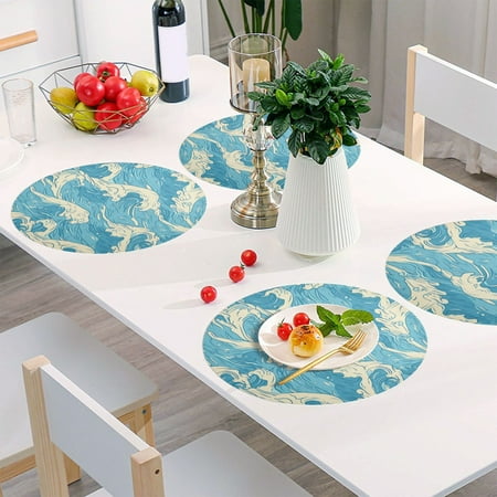 

Round Grid Placemat One Sizex4 Round Placemat PVC Plate Mat，15.4 Inch Non-Slip and Heat Resistant Table Placemat Dining Room Placemat Choppy Sea