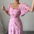 thumbnail image 4 of Womens Summer Dresses, Floral Chiffon Long Maxi Dress, Square Neck Puff Sleeve Ruched Waist Flowy Dress Pink XL, 4 of 6