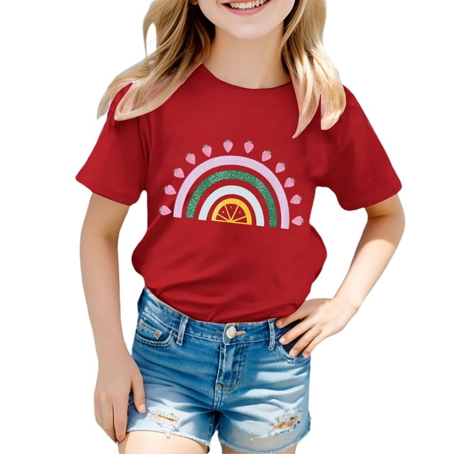 Zhuashum T-Shirts Fille Unisexe Enfants T-Shirt Imprimé Dessin Animé Manches Courtes Col Rond Haut Tendance Ado Printemps Rouge 12-13 Ans