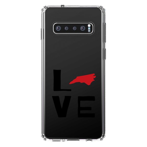 DistinctInk Clear Shockproof Hybrid Case for Samsung Galaxy S10 (6.1" Screen) - TPU Bumper Acrylic Back Tempered Glass Screen Protector - North Carolina - Love Black & Red