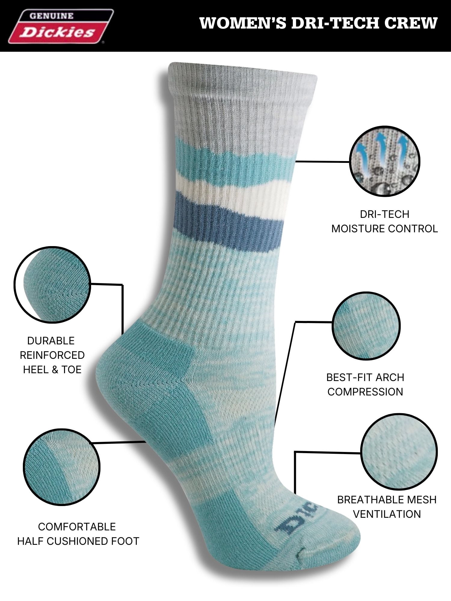 Genuine Dickies Women's Dri-Tech Mtn Crew Socks, 5-Pack