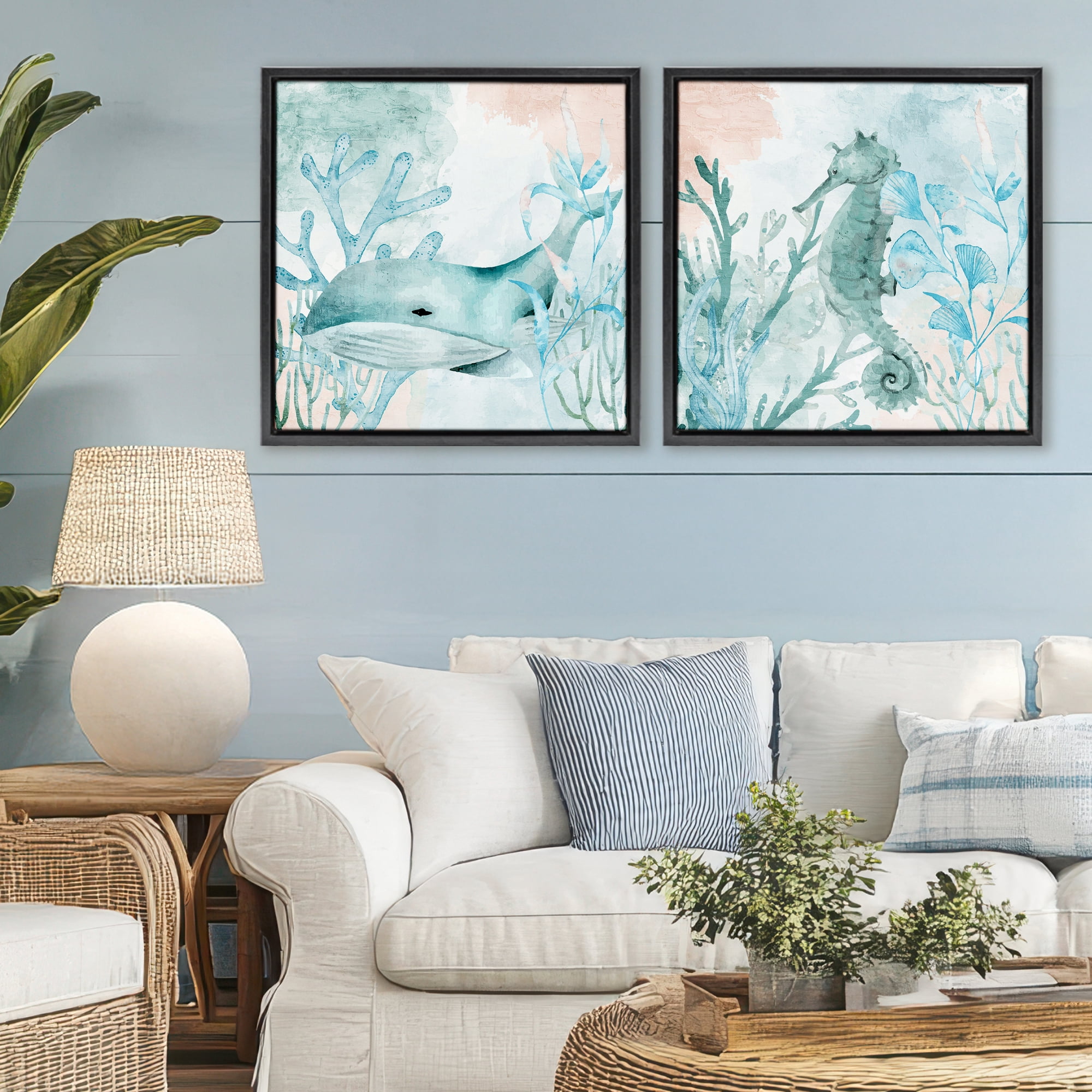 Stupell Industries Whale & Seahorse Sea Swim 2 Piece Black Framed Floater Canvas Set, design by Kim Allen
