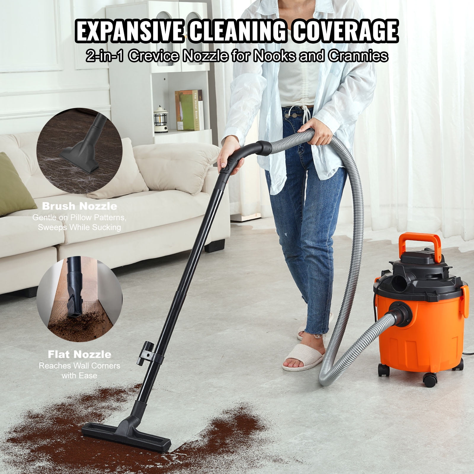 KFFKFF 5 Gallon Wet Dry Vacuum, 6 Peak HP Wet/Dry Vacuum with Strong Suction and Blower Capabilities, Includes 2-in-1 Crevice Tool, Ideal Small Store Vacuum for Carpet Dirt, Pet Fur, and Vehicle
