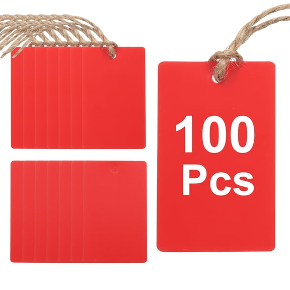 100Pcs Red Plastic Shipping Tags, 2" x 1" Waterproof Labeling Tags with Thread & Wire for Garage, Inventory Tag
