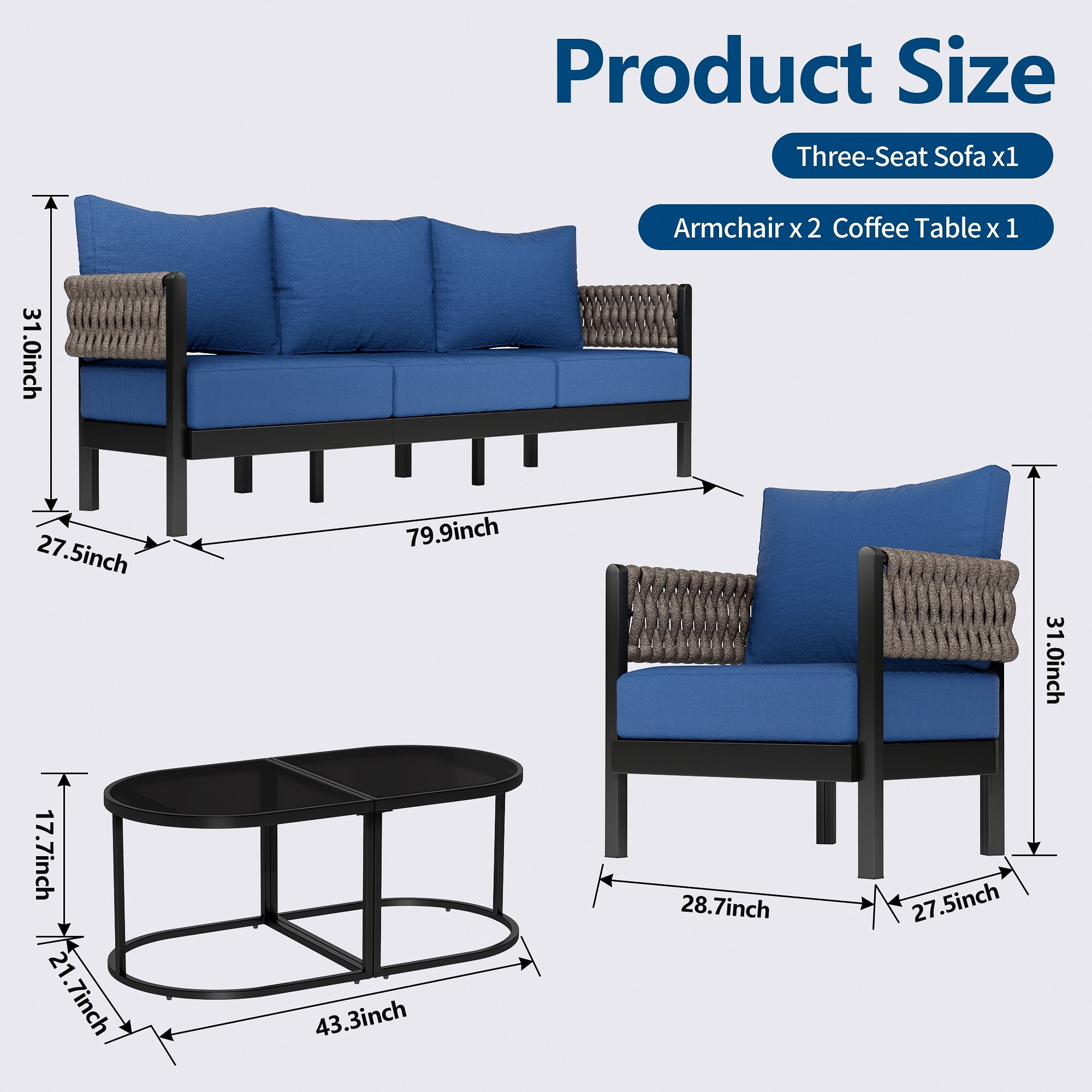 Gotland Metal Patio Furniture Set, Woven Rope Outdoor Sofa Set with Removable Cushion Cover and Detachable Coffee Table, Sectional Furniture for Backyard and Garden, Blue