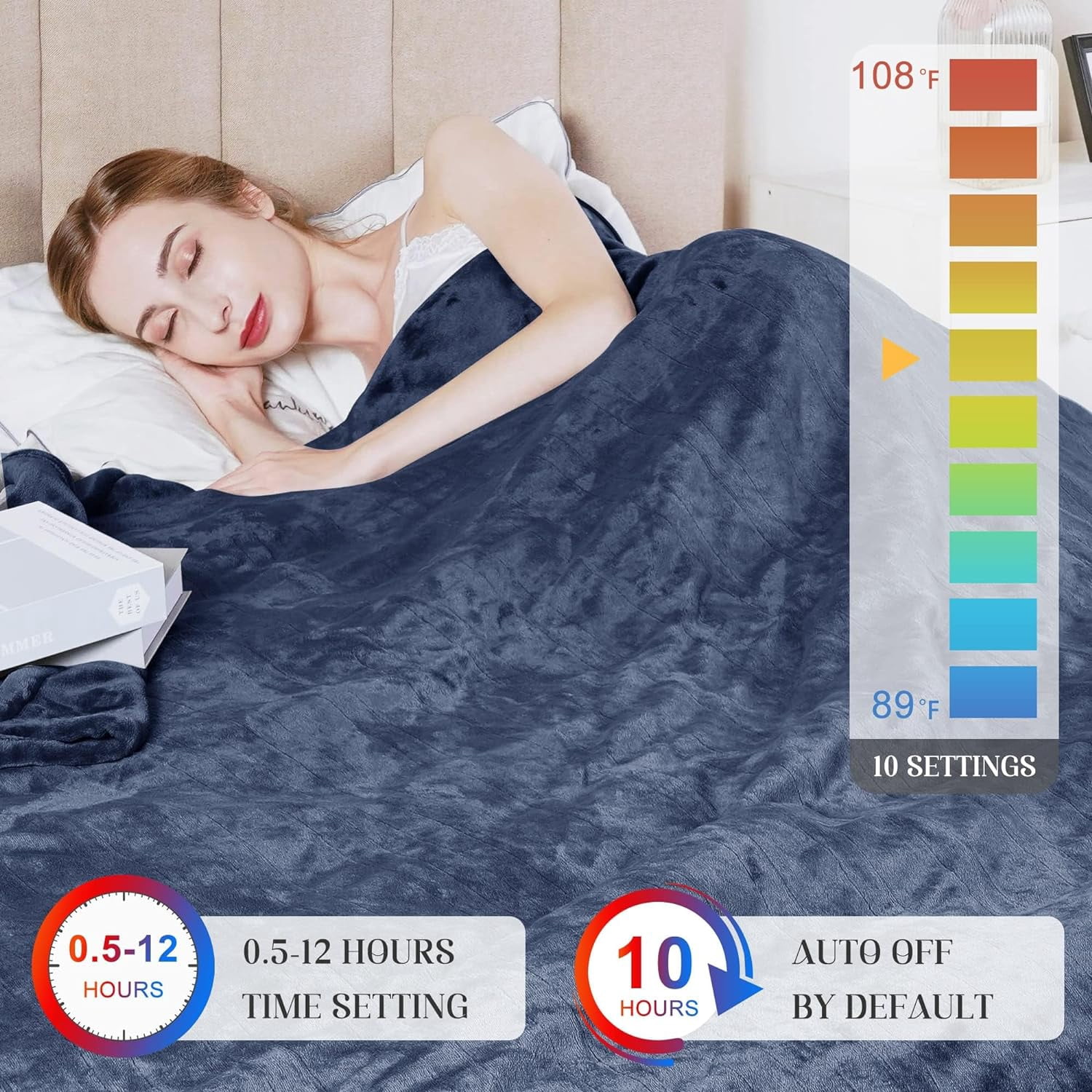 Mayincolor Electric Heated Blanket, 84" x 62" Twin Size Electric Blanket with 10 Heating Levels and 12 Hours Auto-Off, Soft Flannel Blanket with ETL Certification,Blue