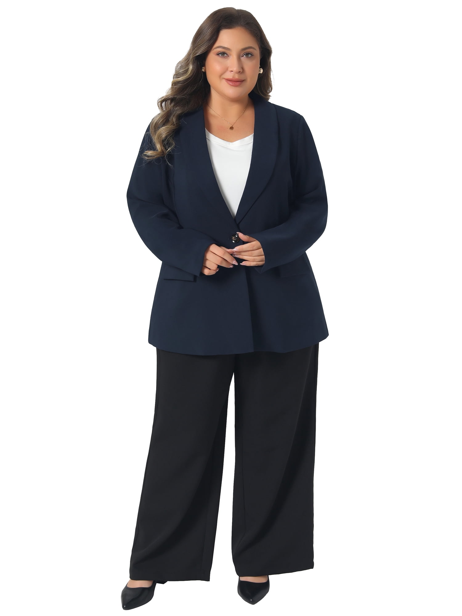 DARING DIVA Women's Plus Lapel Button Work Blazer 1X Dark Blue