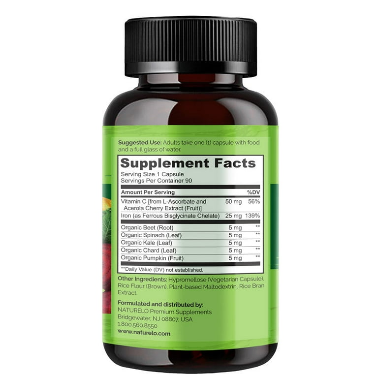 NATURELO Vegan Iron Supplement with Vitamin C - Gentle