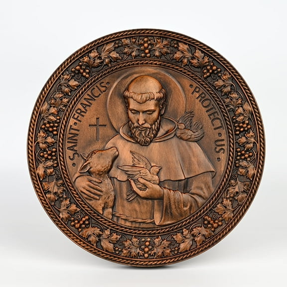 Saint Francis disc natural solid wood decorative ornaments religious figure Roman Catholic patron saint wooden pendant