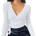 thumbnail image 4 of Workout Tops for Women Bottoming Shirt Long Sleeve Knit V Neck Blouses,White,S, 4 of 5