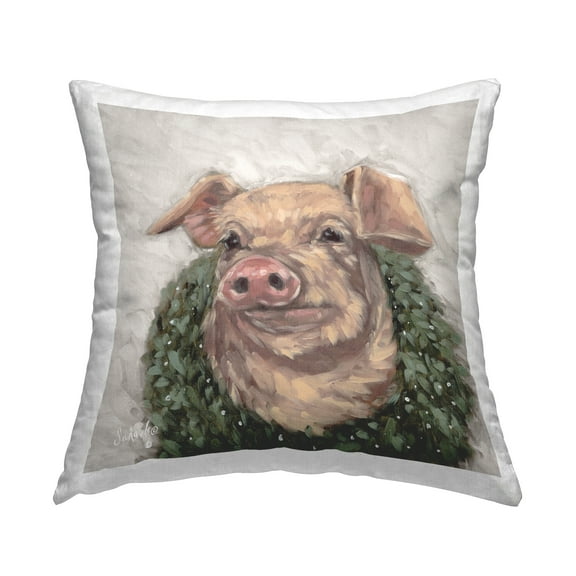 Stupell Industries Pig with Holiday Wreath Decorative Printed Throw Pillow, 18 x 18
