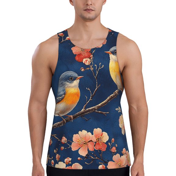 Men's Casual 3D Printed Tank Tops Sleeveless Graphic T-Shirt, Chinoiserie Birds Floral Funny