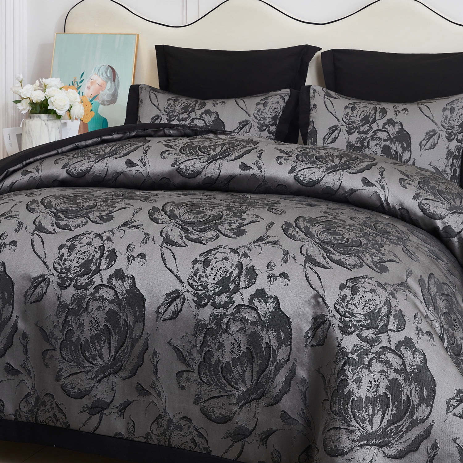 7-Piece Queen Comforter & Curtain Set, Gray Floral Patchwork