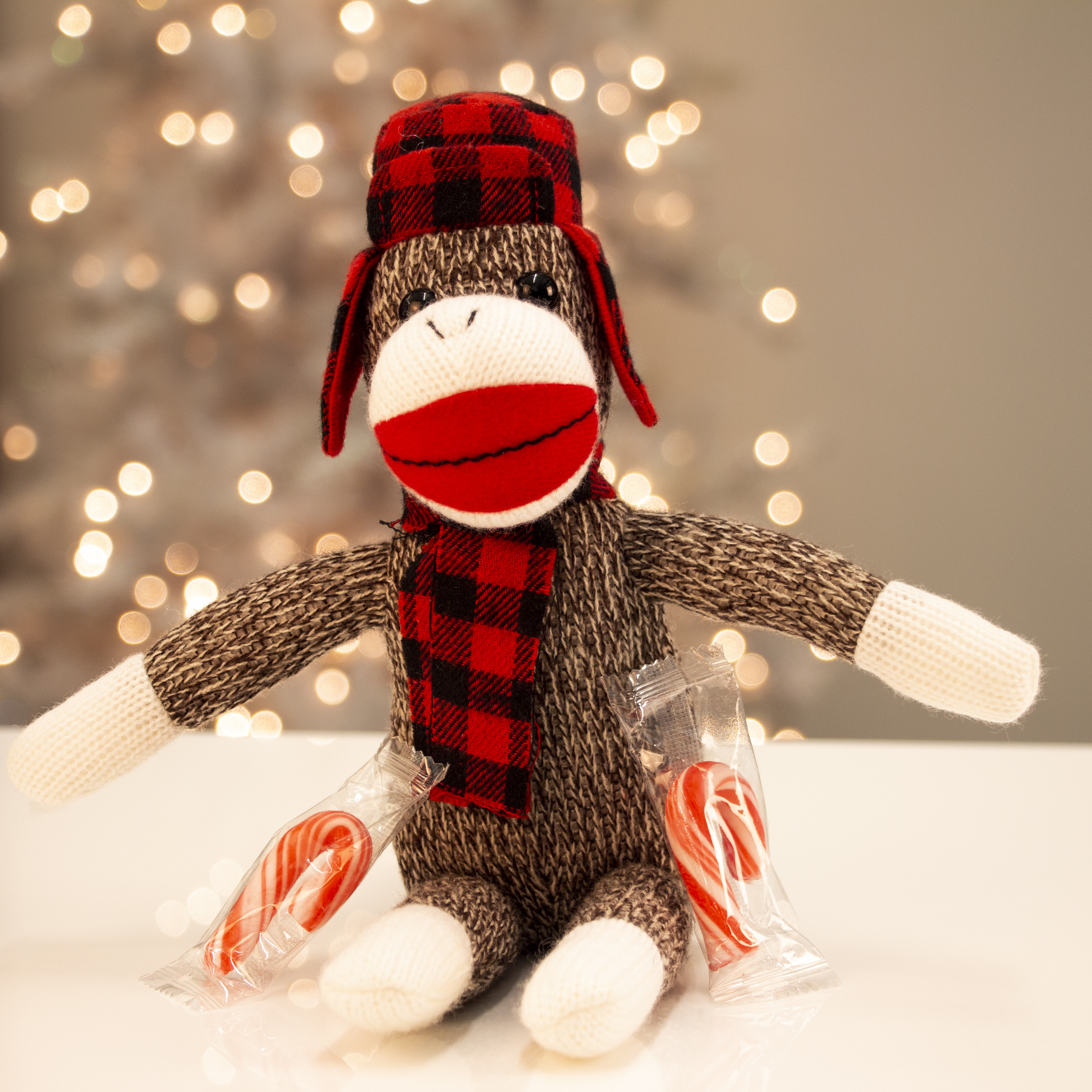 Galerie Brown Sock Monkey with Lumberjack Hat & Scarf, Peppermint Candy Canes