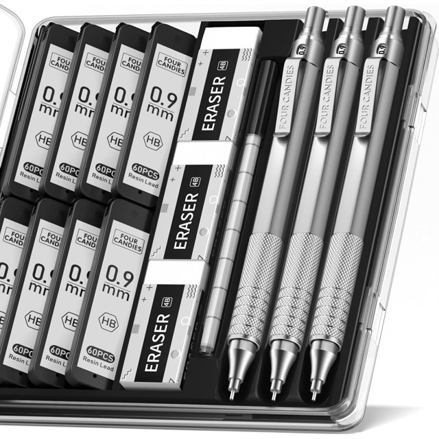 czcpp-0.9mm Mechanical Pencil Set with Case, 3PCS Metal Artist Lead Pencil with 8 Tubes (480PCS) HB Lead Refills, 3 Erasers, 9 Eraser Refills For Engineer Art Writing Drafting, Silver