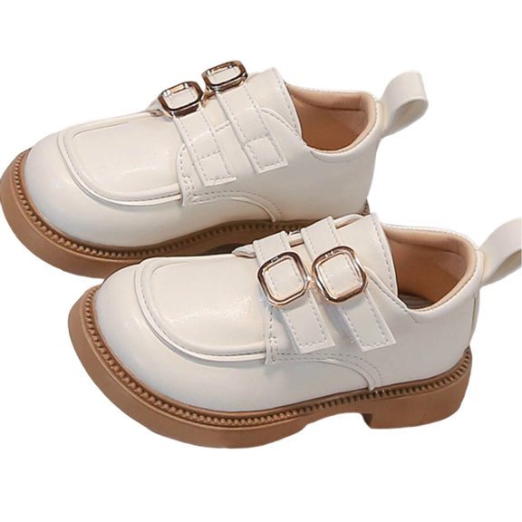 Gpaecead Girls British Style Buckle Loafers Solid Color Faux Leather Princess Shoes Casual Flat Slip On For School,Beige