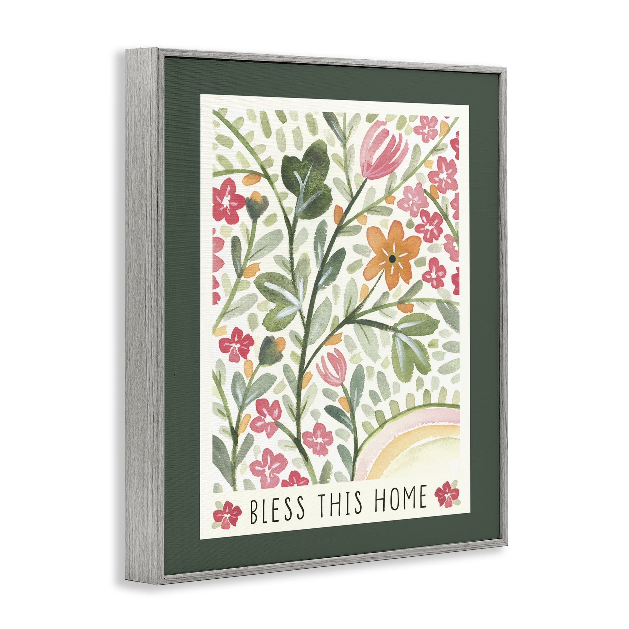 Stupell Industries Floral Bless Phrase Botanical & Floral Painting Gray Framed Art Print Wall Art, 16 x 20