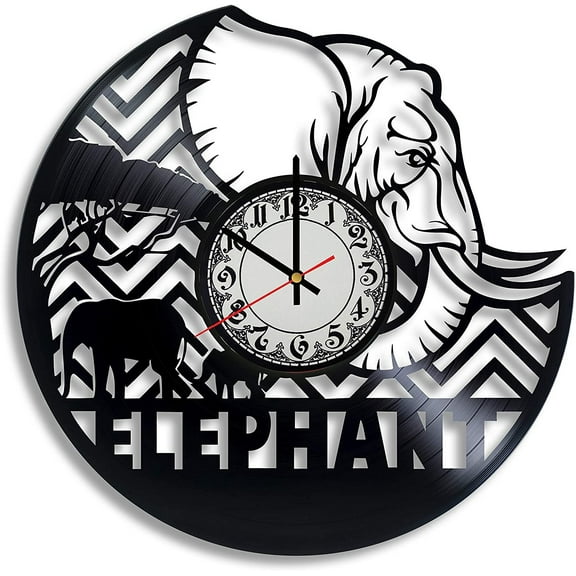 Amblelife Art Design White Elephant Gifts for Women Elephant Vinyl Wall Clock - Elephant Silhouette, Elephant Room Decor, Vinyl Record Clock