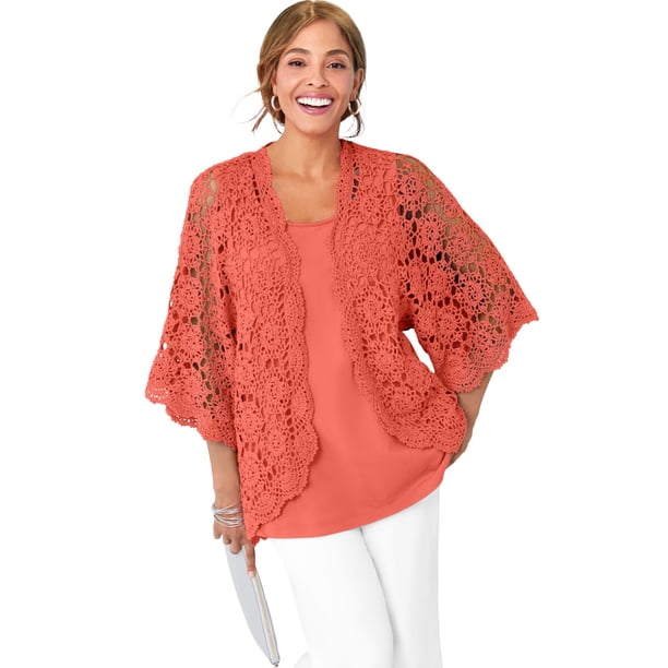 Jessica London Women's Plus Size Crochet Cardigan Sweater