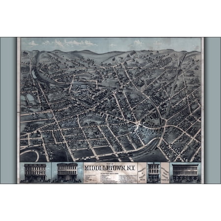 24"x36" Gallery Poster, birdseye view map of Middletown, New york 1874