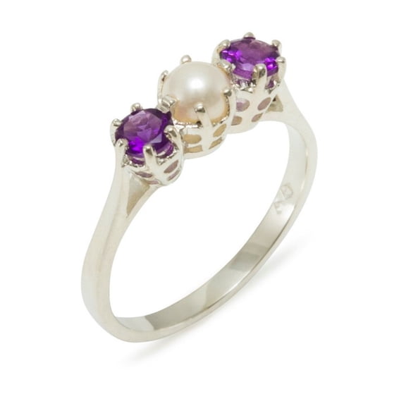 LBG 925 Sterling Silver Cultured Pearl & Amethyst Womens Anniversary Ring - Size 10