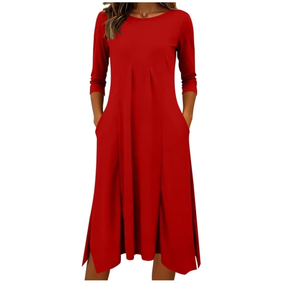 Bixock Women's Summer Midi Dresses,Casual Half Sleeve Dresses,Solid Color Crewneck Ruched with Pockets Loose Daily Office Leisure Wear Dresses