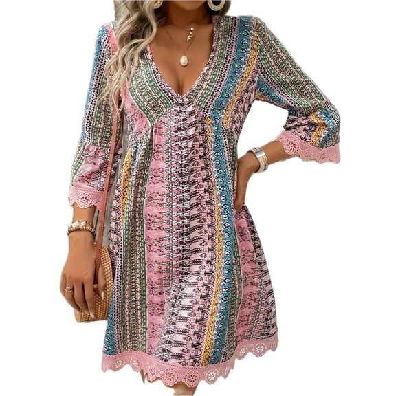 Women's Lace Trim Printed V Neck Three Quarter Sleeve Dress 95% Polyester 5% Spandex Comfortable Everyday Wear