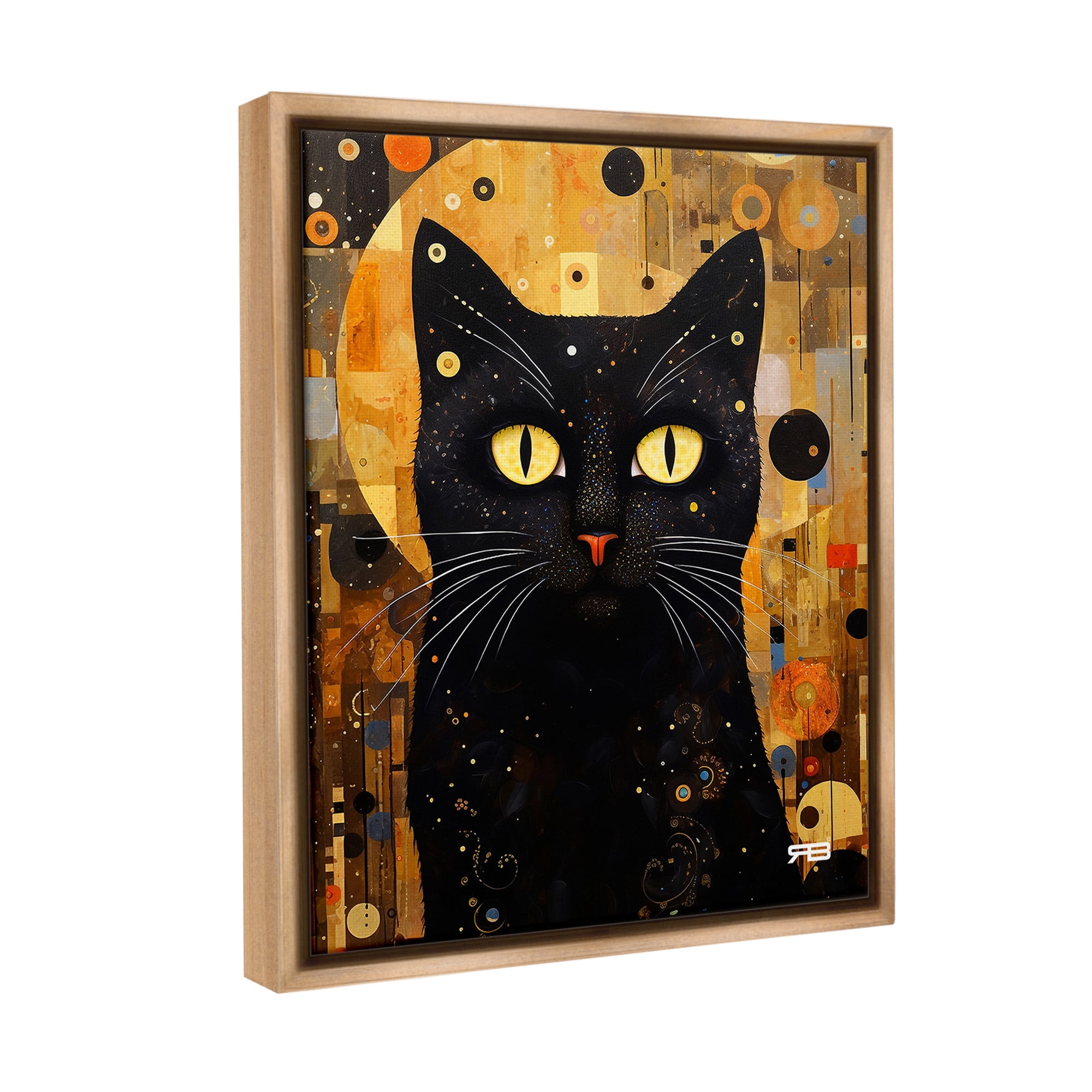 Stupell Industries Black Cat with Modern Pattern Animals & Insects Painting Brown Floater Framed Canvas Art Print Wall Art, 25 x 31