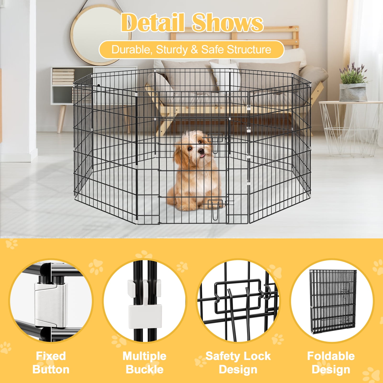 Zephypaws 8-Panel 30" High Dog Playpen with Lockable Door, Foldable Pet Fence Exercise Pen for Small to Medium Dogs, Portable Metal Wire Puppy Playpen for Indoor and Outdoor Use