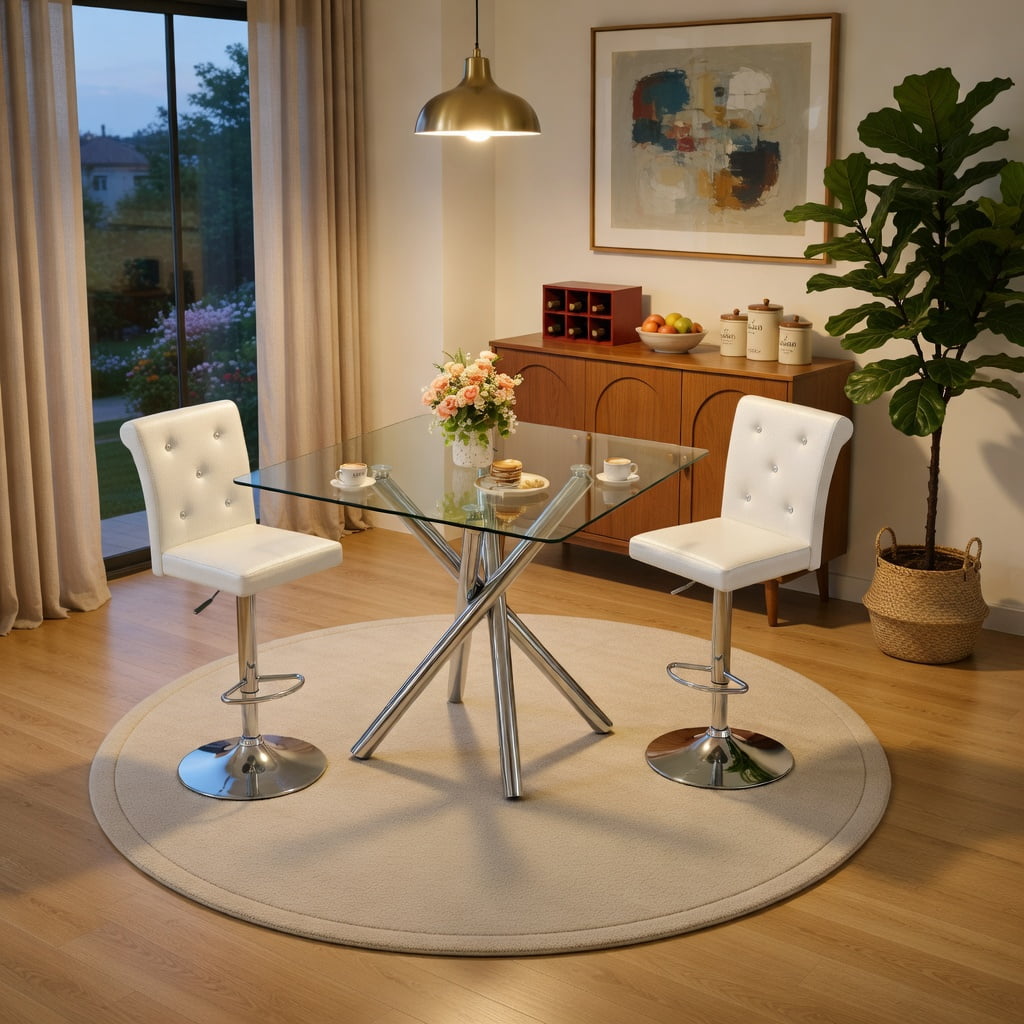 Hommoo Modern 3-Piece Glass Bar Table Set with Adjustable Swivel Bar Stools, Chrome Metal Frame, PU Leather Seating, Compact Counter Height Design for Kitchen Island, Home Bar, White & Sliver