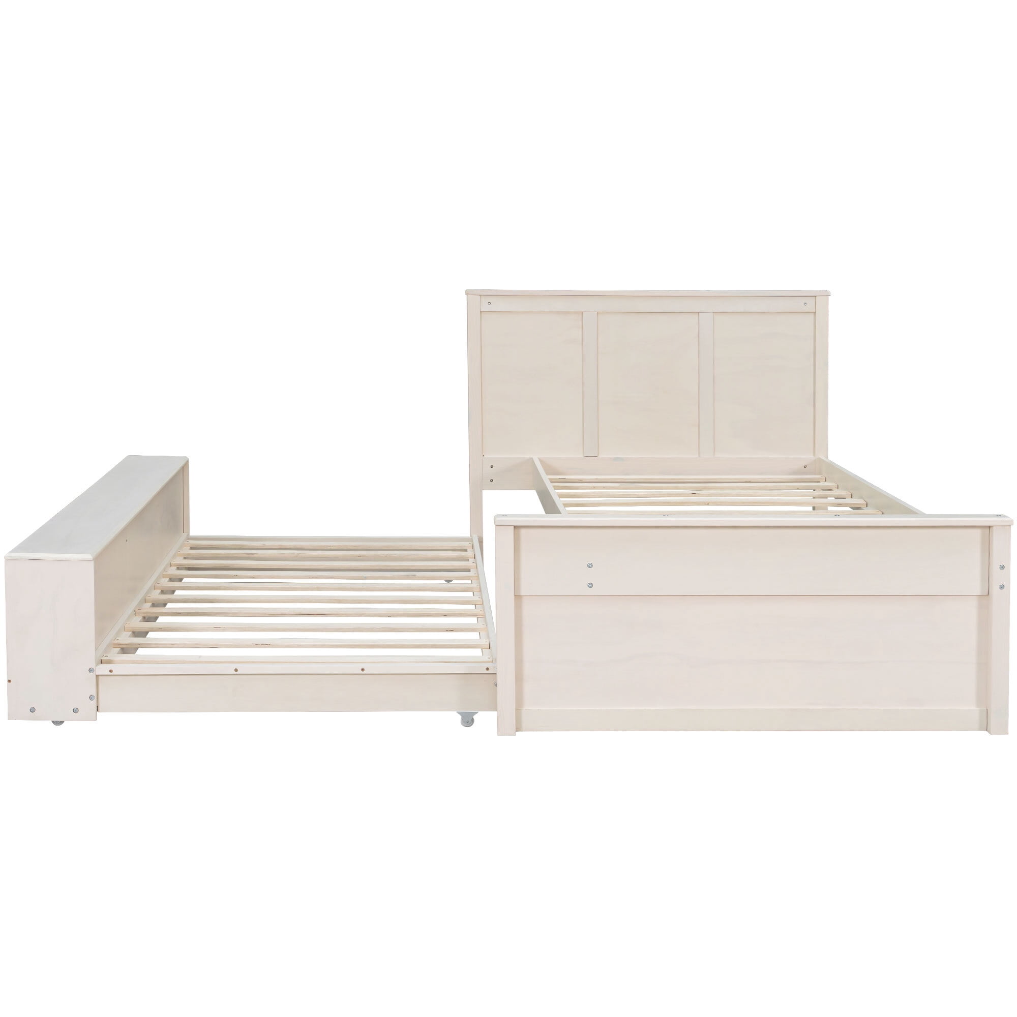 Euroco Wood Twin Size Platform Bed with Trundle and Storage Cabinets, Cream White