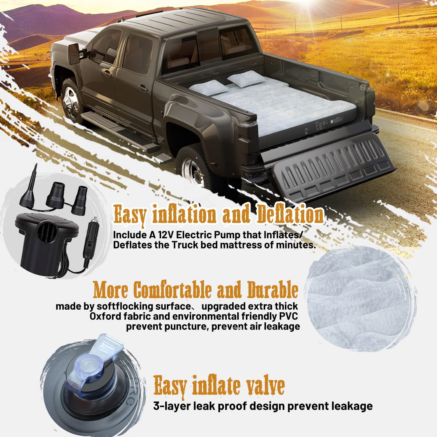 Truck Bed Air Mattress for 5.5'-5.8' Full Size Short Truck Bed Inflatable Camping Mattress with Pump & Carry Bag, Gray