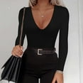 thumbnail image 2 of SRZYMJ Women's Plunge Deep V Neck Long Sleeve Bodysuit Double Lined Thong Body Suit Shirt Tops, 2 of 7