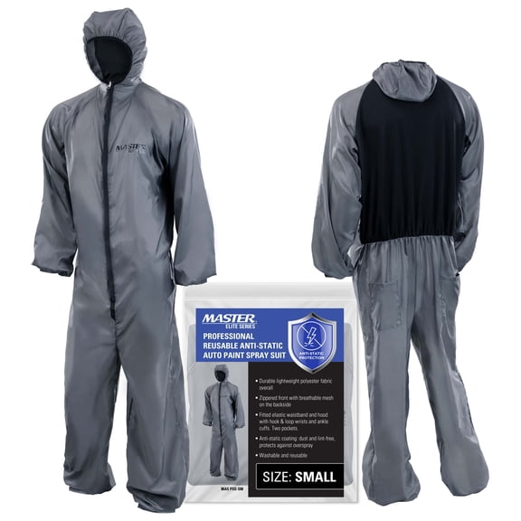 Master Elite Reusable Anti-Static Automotive Paint Suit (Small) - Breathable Protective Auto Spray Paint Coveralls with Hood & Mesh Back - Polyester Fabric, Comfortable Fit, Heat Regulating, Washable