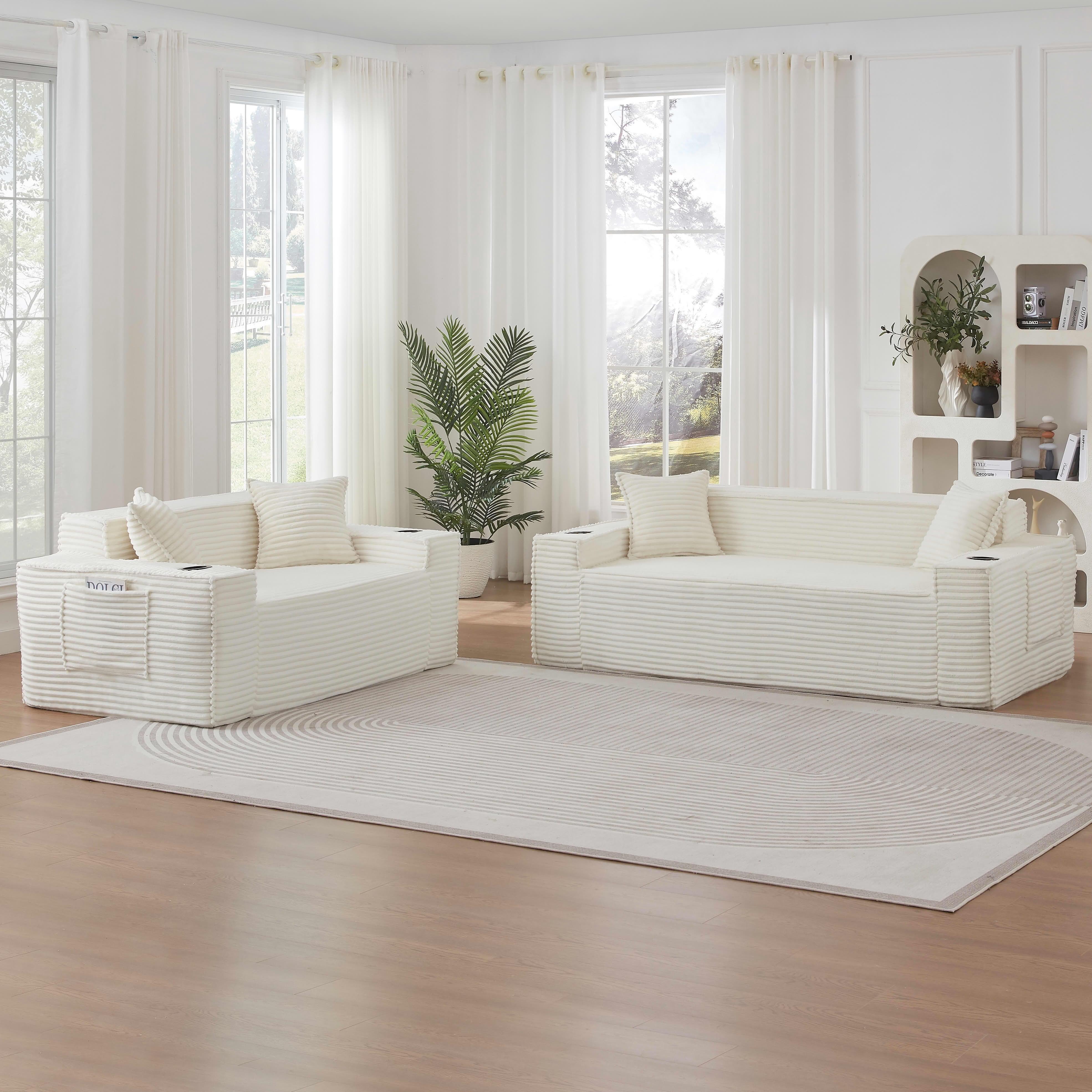 MAYEERTY Minimalist Corduroy Boneless Couch with Side Pockets & Cup Holders for Compact Living Room, White