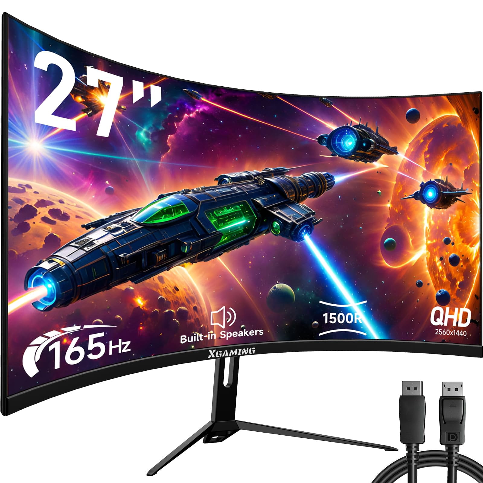 Memzuoix 27inch 165Hz Curved Gaming Monitor, 1440p 144Hz Gaming Monitor, QHD 2K(2560x1440) PC Monitor, LCD Computer Monitor for Laptop with 2 Speaker&Backlight, 1ms FreeSync, Metal Base, DP&HDMI
