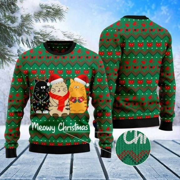 Cat Xmas Sweater, Cat Meowy Christmas 3D Christmas Sweater, Sweater Xmas