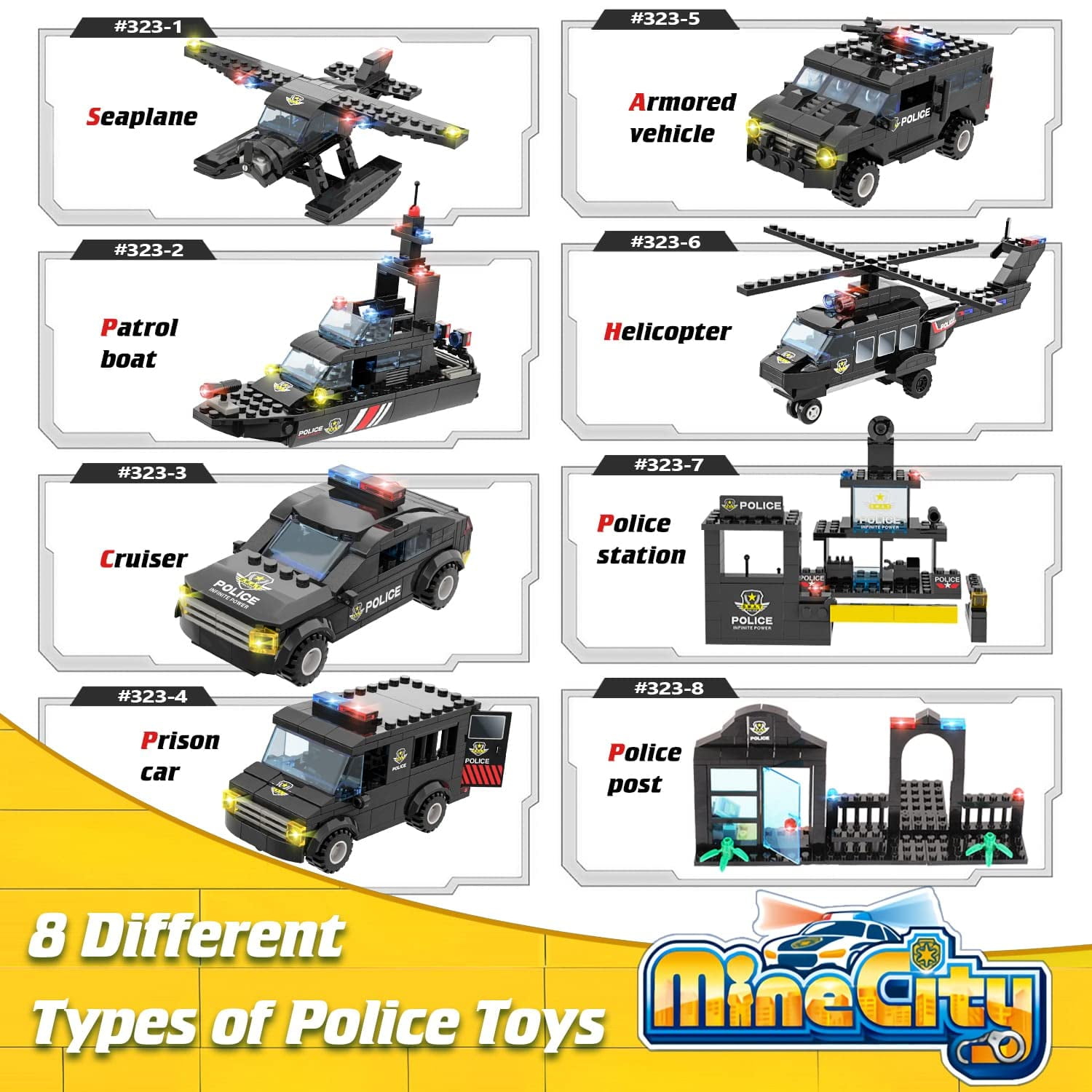 1020 Pcs City Police Building Toys Set, 8 in 1 Mobile Command Center Building Block for Boys, Gift for Kids Ages 6-12, Black
