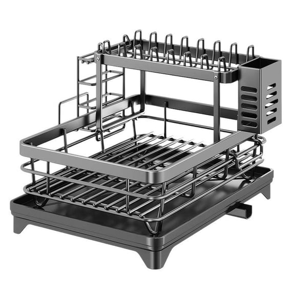 FUNA 2 Tier Foldable Dish Drying Rack Pull Out Kitchen Dish Drainer with Utensil Holder