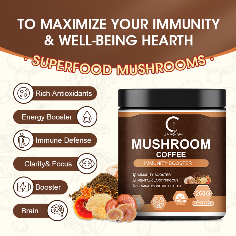 Mushroom Coffee Powder,Organic Instant Coffee Mushroom Supplement Powder, Mushroom Coffee Blend Complex for Focus & Memory,Brain, 8.8Oz(250g)