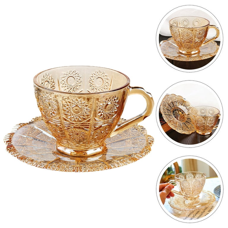 cosnou Vintage Glass Tea Cups with Saucers, Glass Mugs 7 Oz Set of 6  Espresso Coffee Embossed Glassw…See more cosnou Vintage Glass Tea Cups with