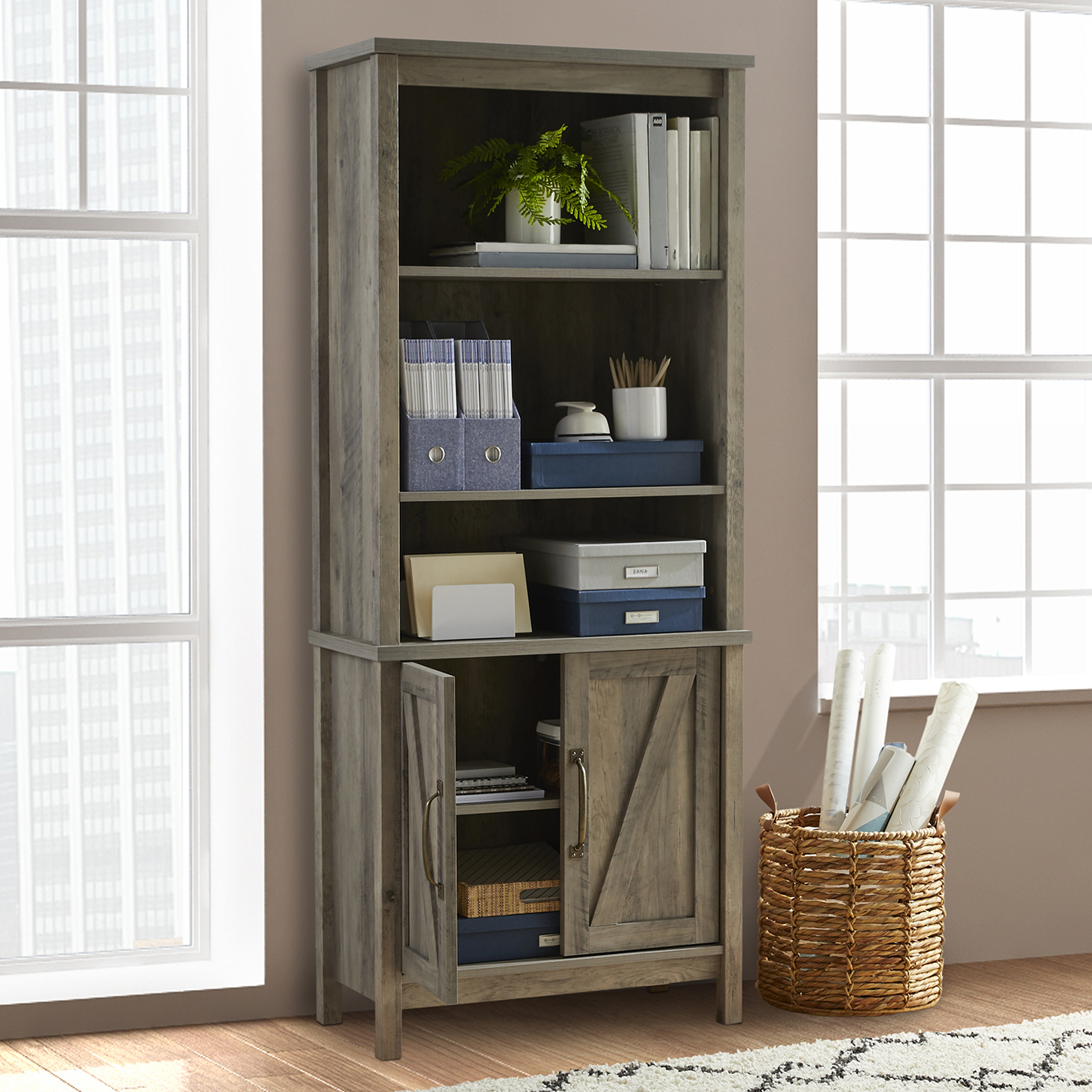 Better Homes & Gardens Modern Farmhouse 5 Shelf Library Bookcase with Doors, Rustic Gray Finish - image 5 of 16