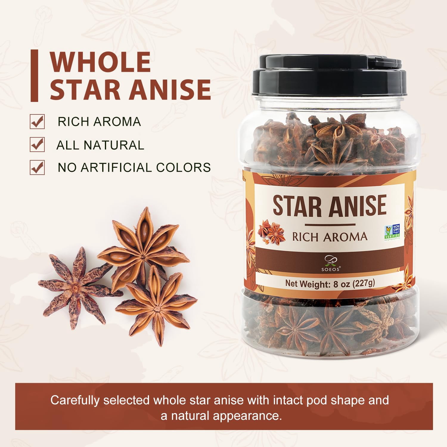 Soeos Whole Star Anise, 8 oz, Premium Aromatic Star Anise Pods for Pho, Braised Meats, Mulled Drinks, Baking, Tea & Asian Cooking