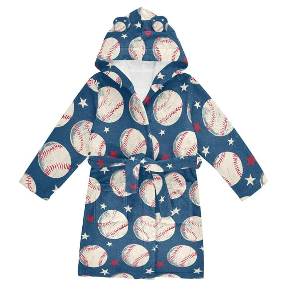 FORMRS Niños Bathrobe Unisex Hooded Robe Soft Plush Pajamas Sleepwear, Size 2-3T, Blue Baseball Pattern