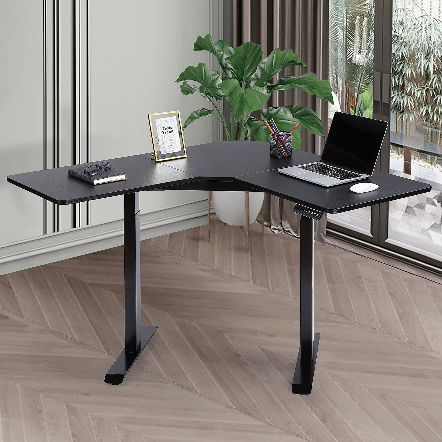 UNICOO® L Shaped Dual Motor Electric Height Adjustable Standing Desk, Computer Corner Desk, Home Gaming Desk, Office Writing Workstation (Black Frame/Black Top) XOT-L-BB
