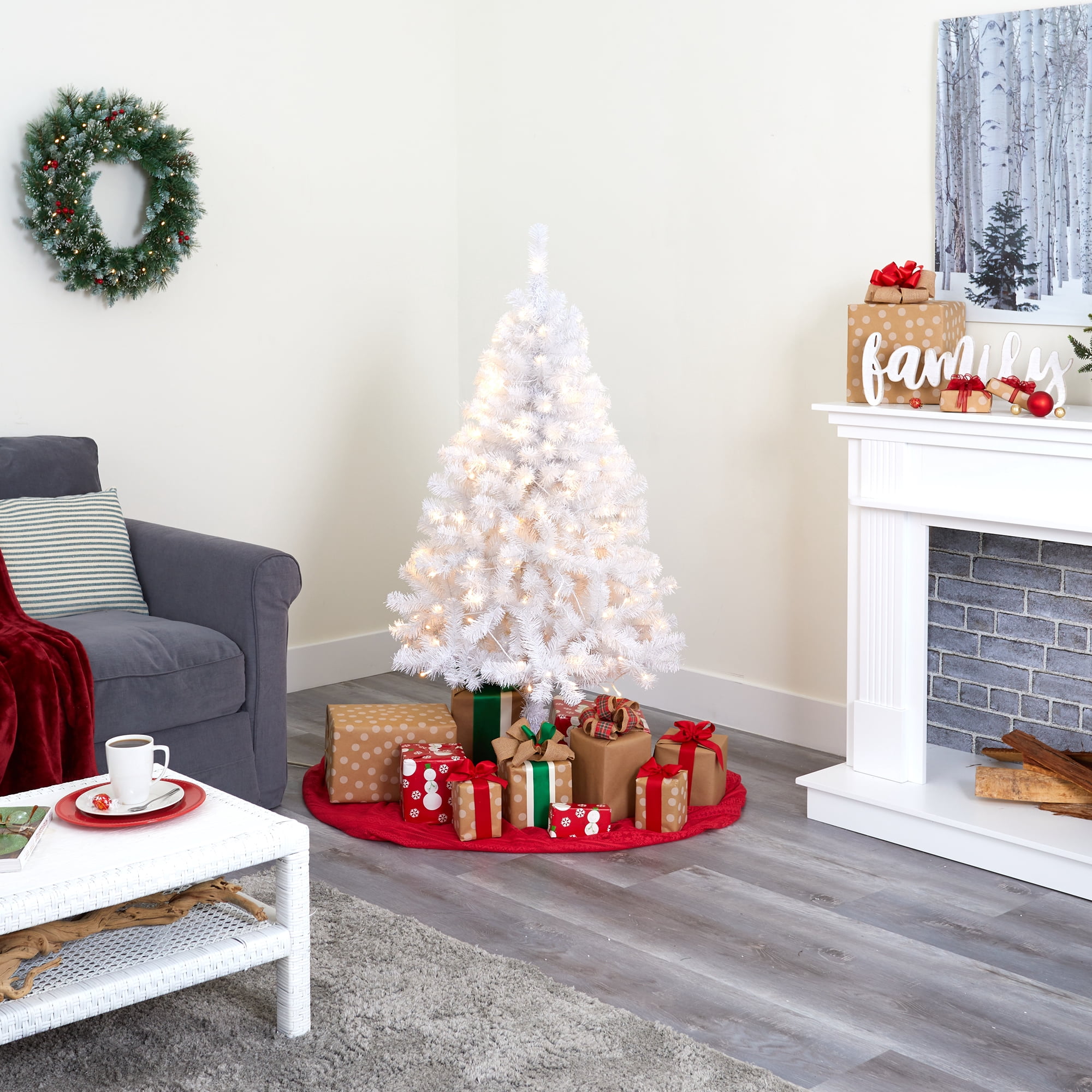 Nearly Natural 4' White Artificial Christmas Tree Prelit 100 Clear LED Lights