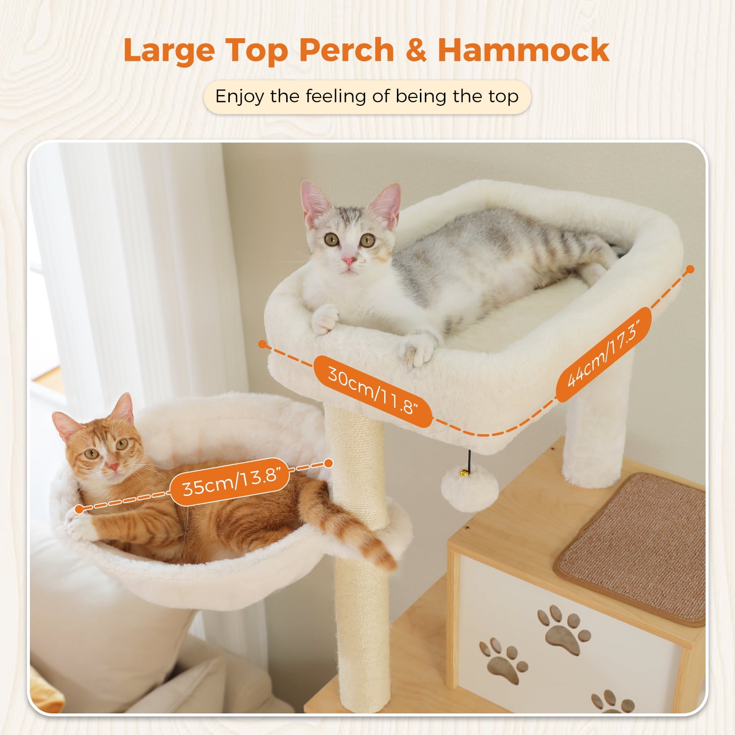 Pefilos 74" Cat Tree with Food Station, Wooden Tall Cat Tower with Condos and Hammocks,Spacious Perch,Sisal and Steel Posts, Scratching Mat, Beige